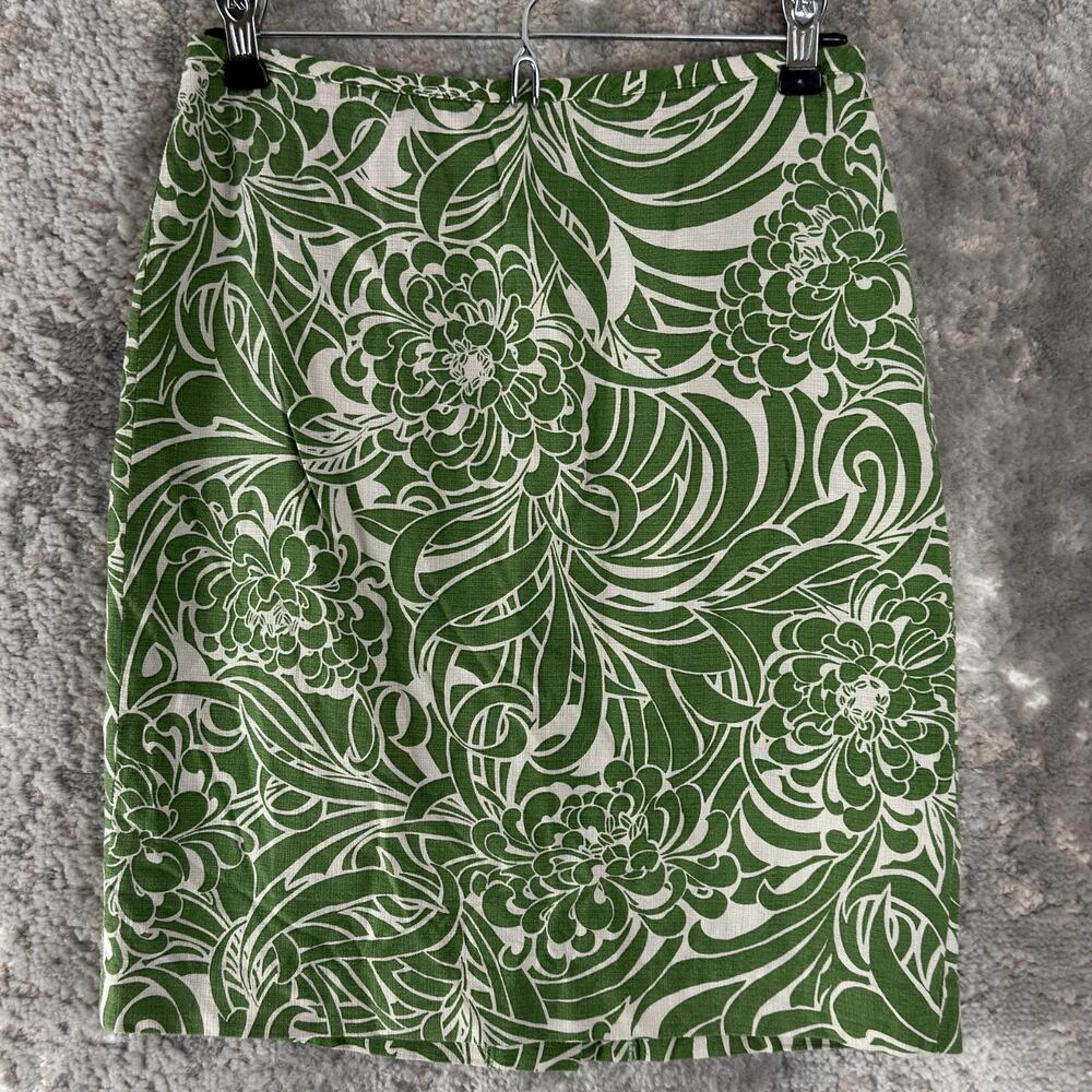 Ann Taylor LOFT Size 0 Floral Silk Knee Length Pencil Skirt Green Lined Zip
